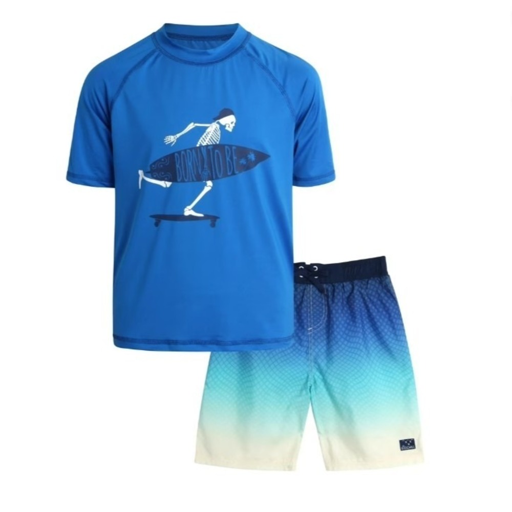 Big Chill Boys Size 6‎ 2pc Rash Guard Swim Trunks Set Blue Skeleton Surfer